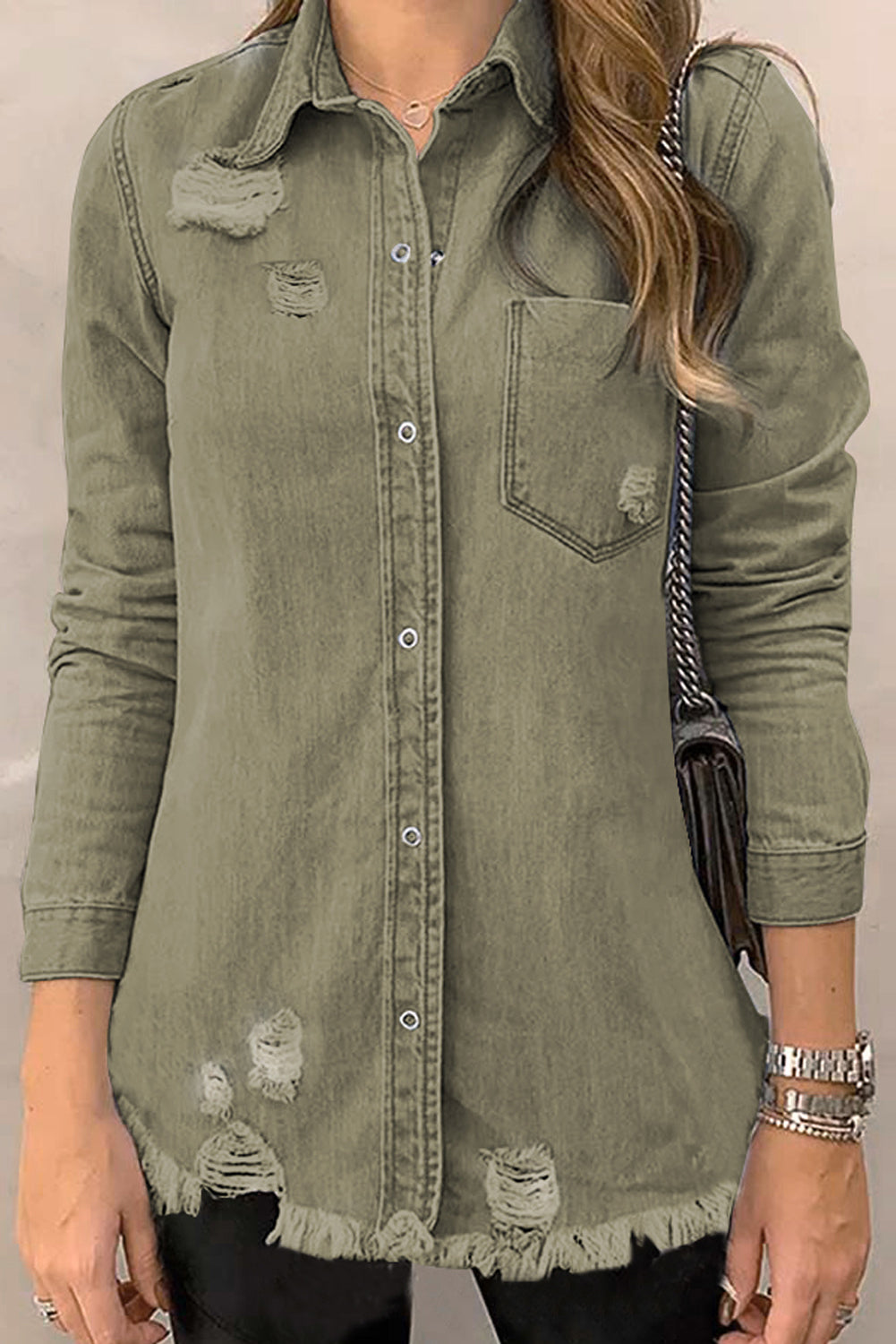 Veste Chemise en Jean Kaki Délavé à Ourlet Effiloché