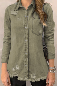 Veste Chemise en Jean Kaki Délavé à Ourlet Effiloché