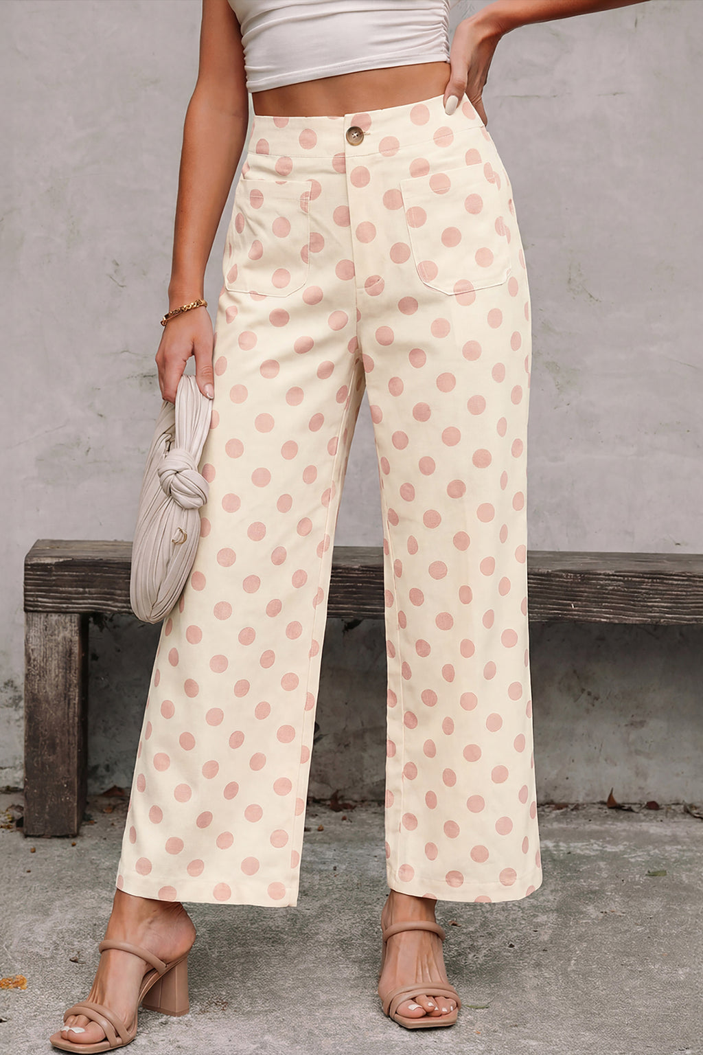 Pantalon Large à Pois Taille Mi-Haute Poches Plaquées – 4 Coloris