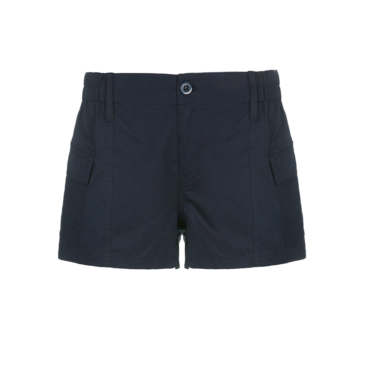 Short femme bleu marine en tissu, taille élastique, fermeture à bouton devant.