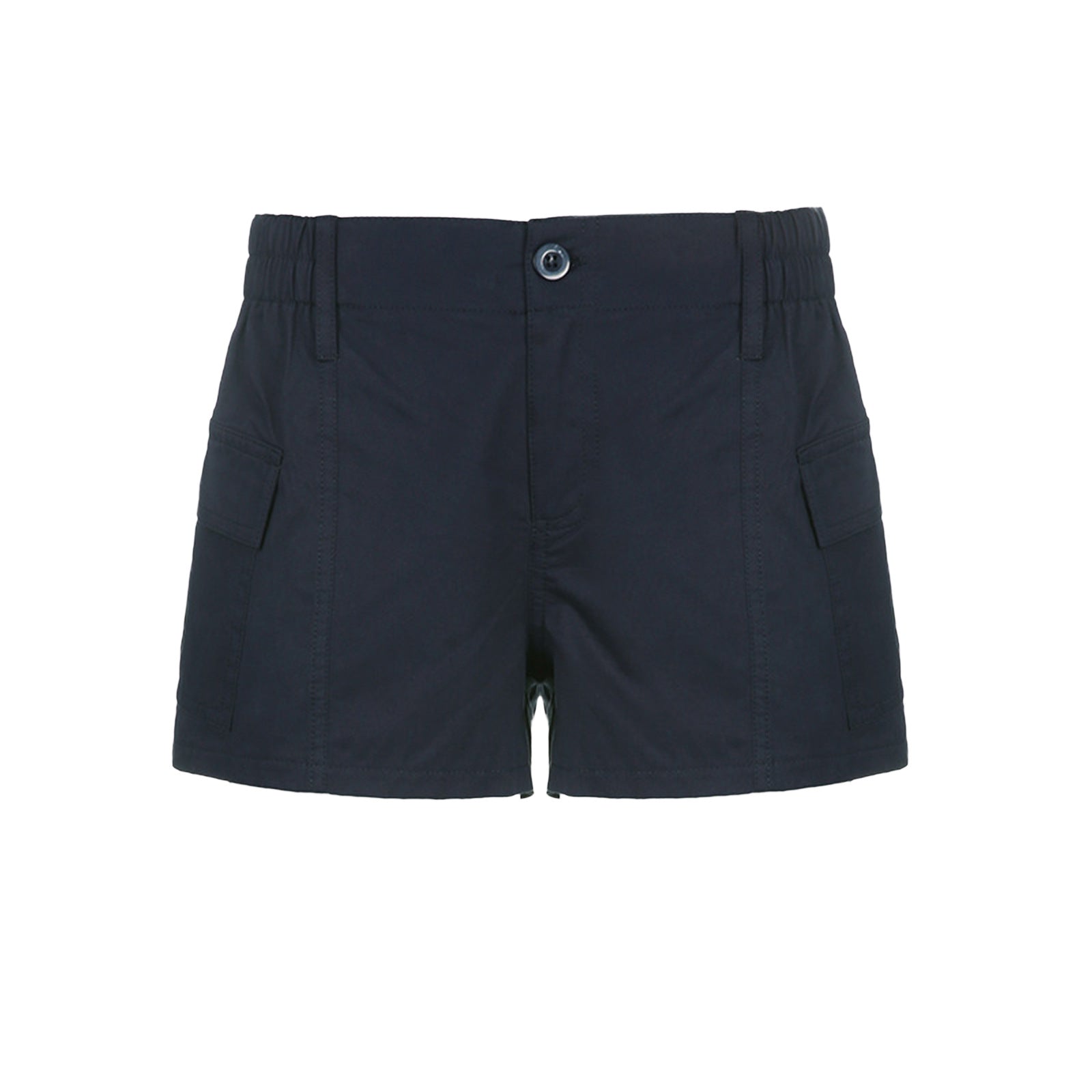 Short femme bleu marine en tissu, taille élastique, fermeture à bouton devant.