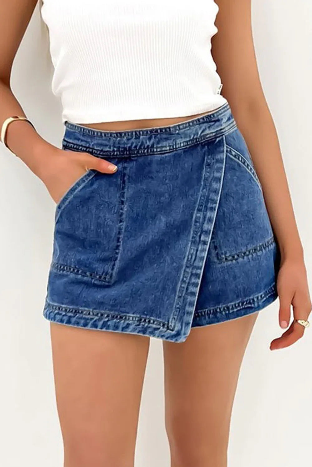 Jupe-Short Denim Bleu Femme - Skort Effet Enroulé 2-en-1 - Oléna-Fashion