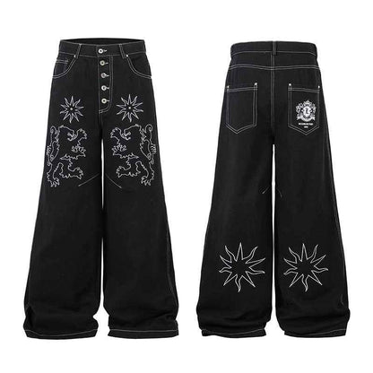 Jean Large Femme Broderie Florale Élégant – Jambe Droite