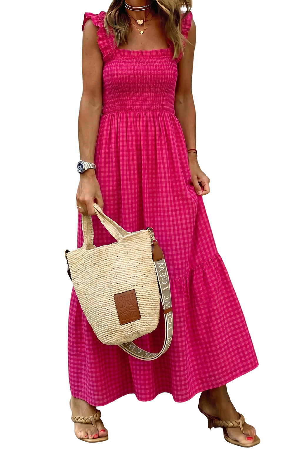 Robe longue à carreaux rouge et rose, bretelles, corsage smocké et jupe à volants