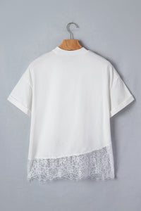 Haut femme blanc en coton, dos avec ourlet dentelle, manches courtes