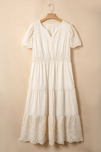 Robe maxi dentelle col en V, manches courtes, jupe évasée à bordure ajourée