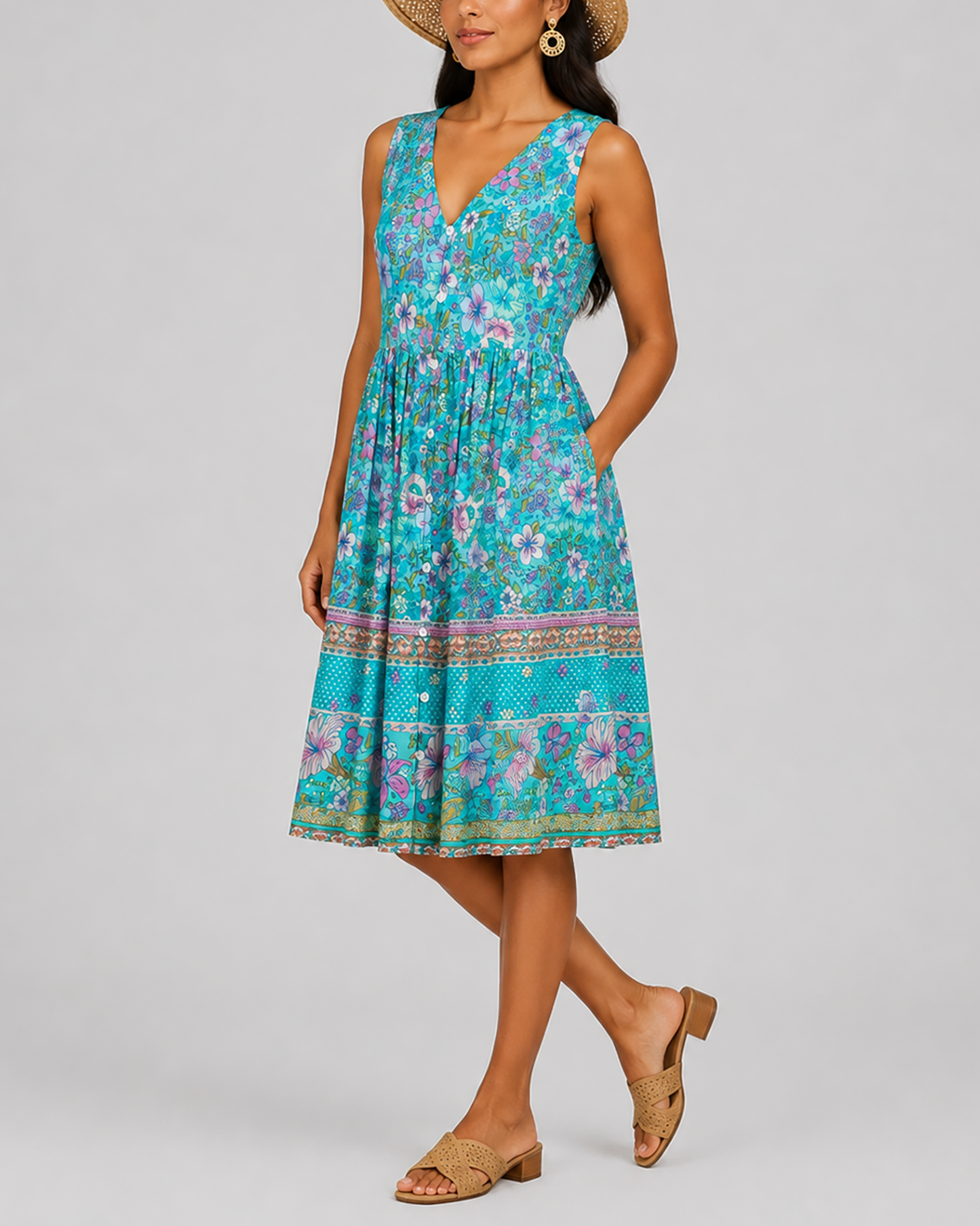 Robe Été Élégante à Imprimé Bleu