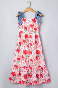 Robe midi imprimée floral rouge et verte, bretelles nouées bleues, robe à fronces.