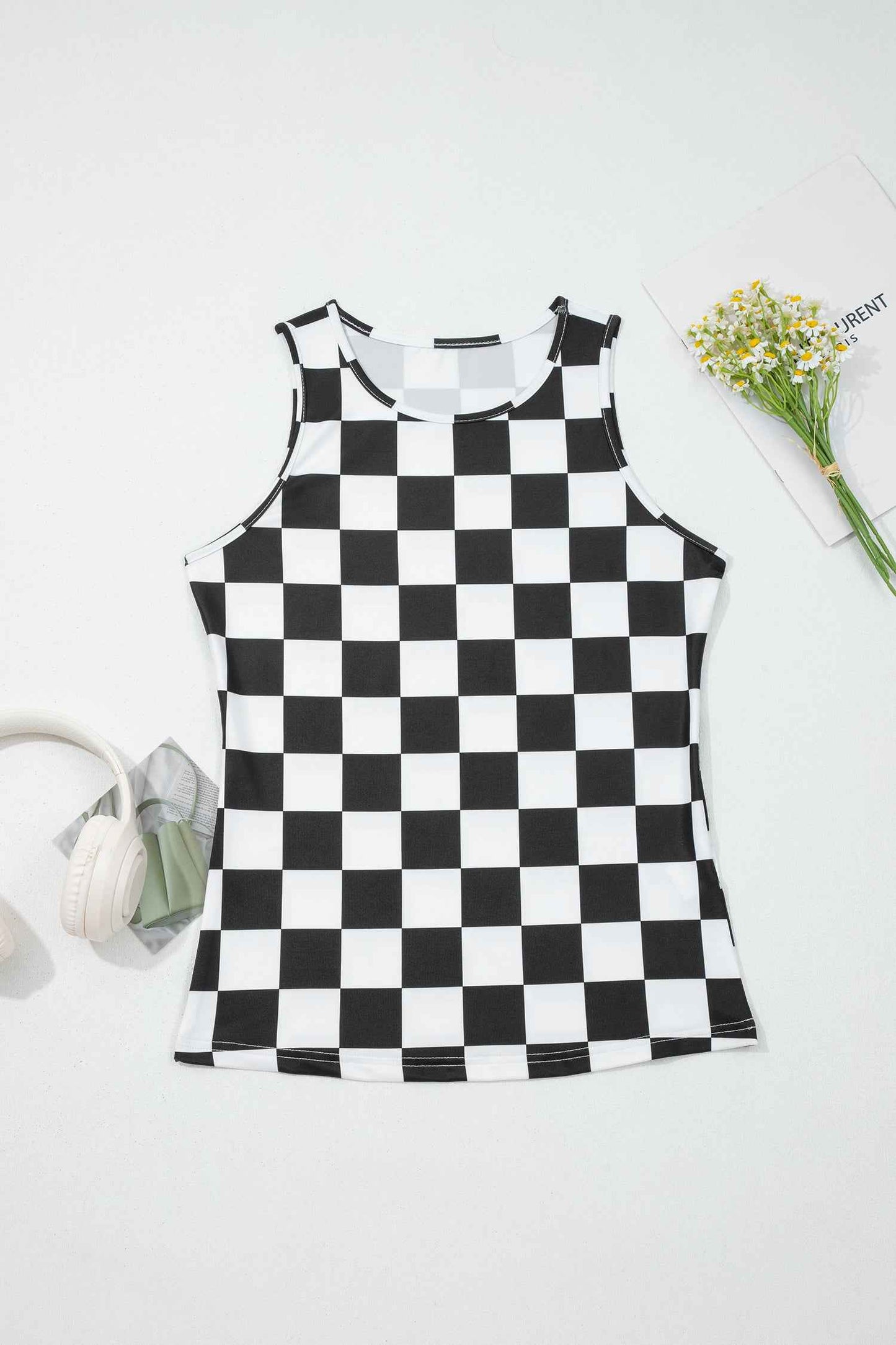 Débardeur Slim à Motif Damier Noir