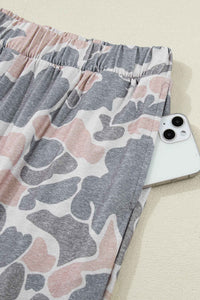 Pantalon ample camouflage clair, taille élastique à plis et jambe large