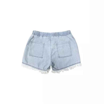 Short en jean taille haute femme à franges et cordon | Oléna-Fashion