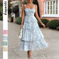 Robe bustier à encolure carrée, fleurs bleues sur fond blanc, robe à étages