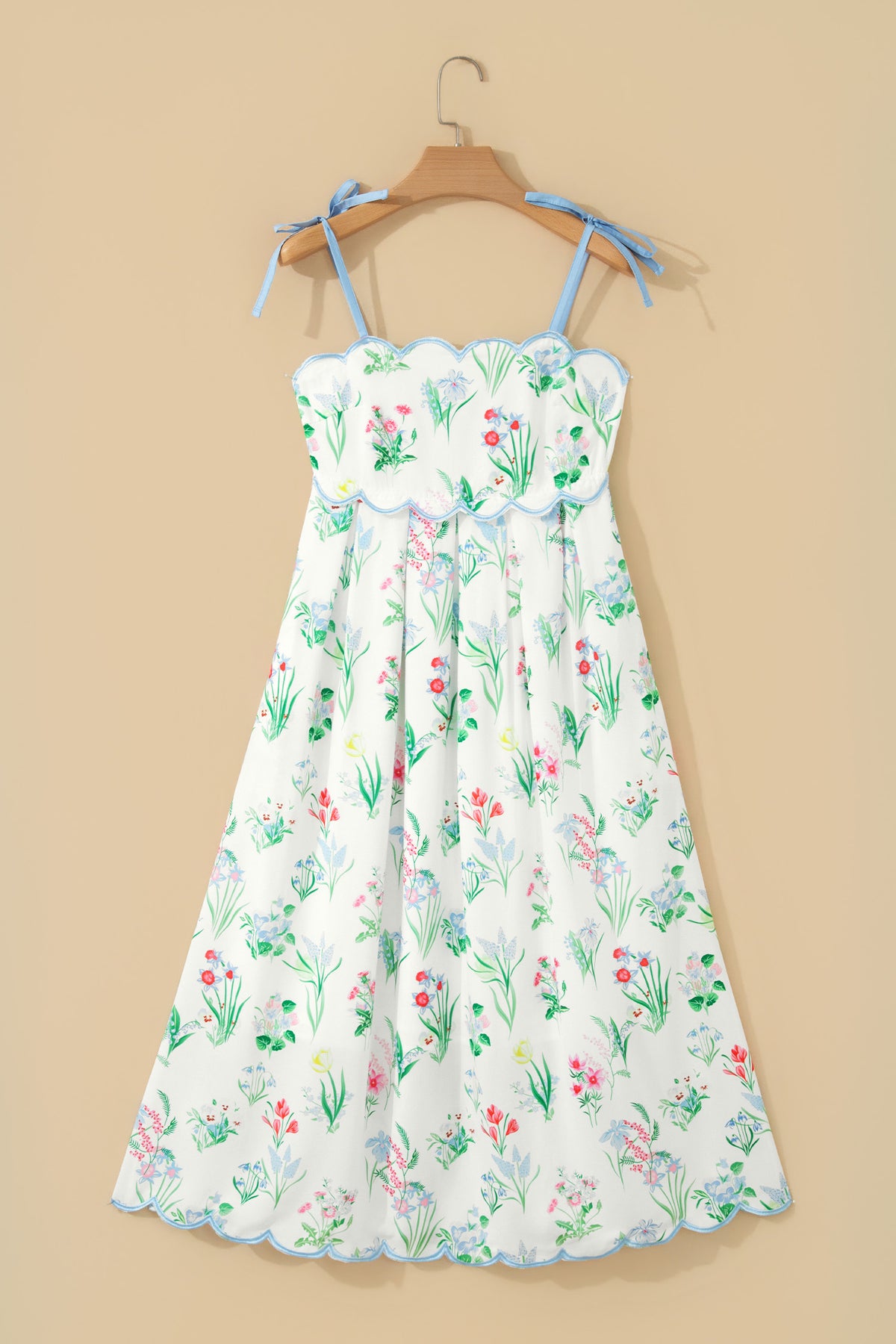 Robe midi à bretelles, taille haute, imprimé floral multicolore sur fond clair