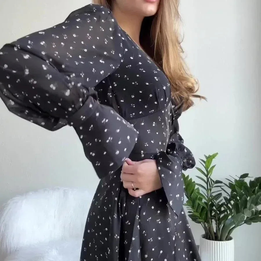 Robe à Pois Manches Longues Col en V Élégante Femme - Oléna-Fashion