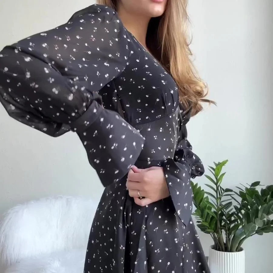 Robe à Pois à Manches Longues, Col en V