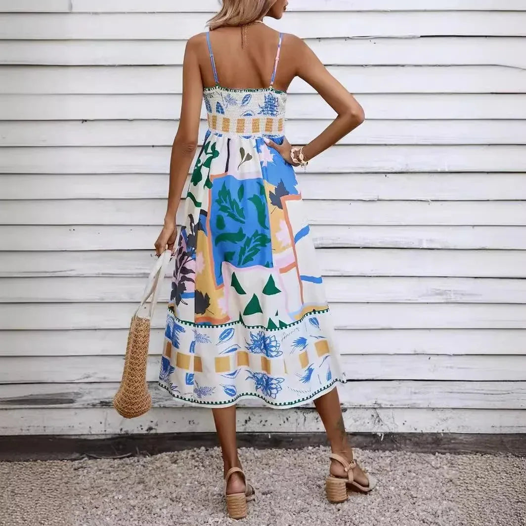 Robe Trapèze Sans Manches Bretelles Spaghetti Imprimée Élégante - Oléna-Fashion