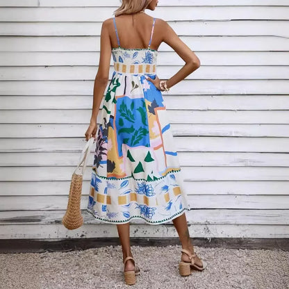 Robe Trapèze Sans Manches Bretelles Spaghetti Imprimée Élégante - Oléna-Fashion