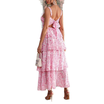Robe bustier florale étagée femme – Encolure carrée, bretelles