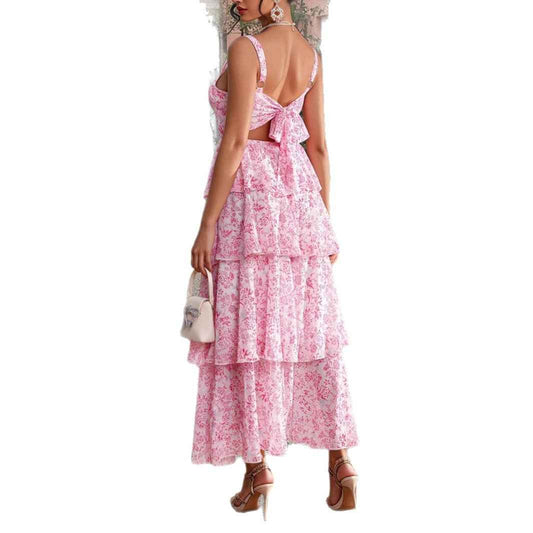 Robe bustier florale étagée femme – Encolure carrée, bretelles