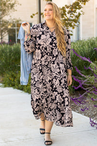 Robe maxi noire à manches longues, imprimé floral beige et col rond