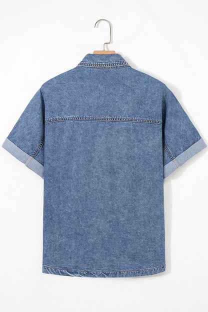 Chemisier en Jean Femme Manches Courtes Poches Style Western – Bleu