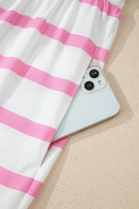 Robe maxi rayée rose et blanche, ourlet volanté, jupe ample à rayures horizontales