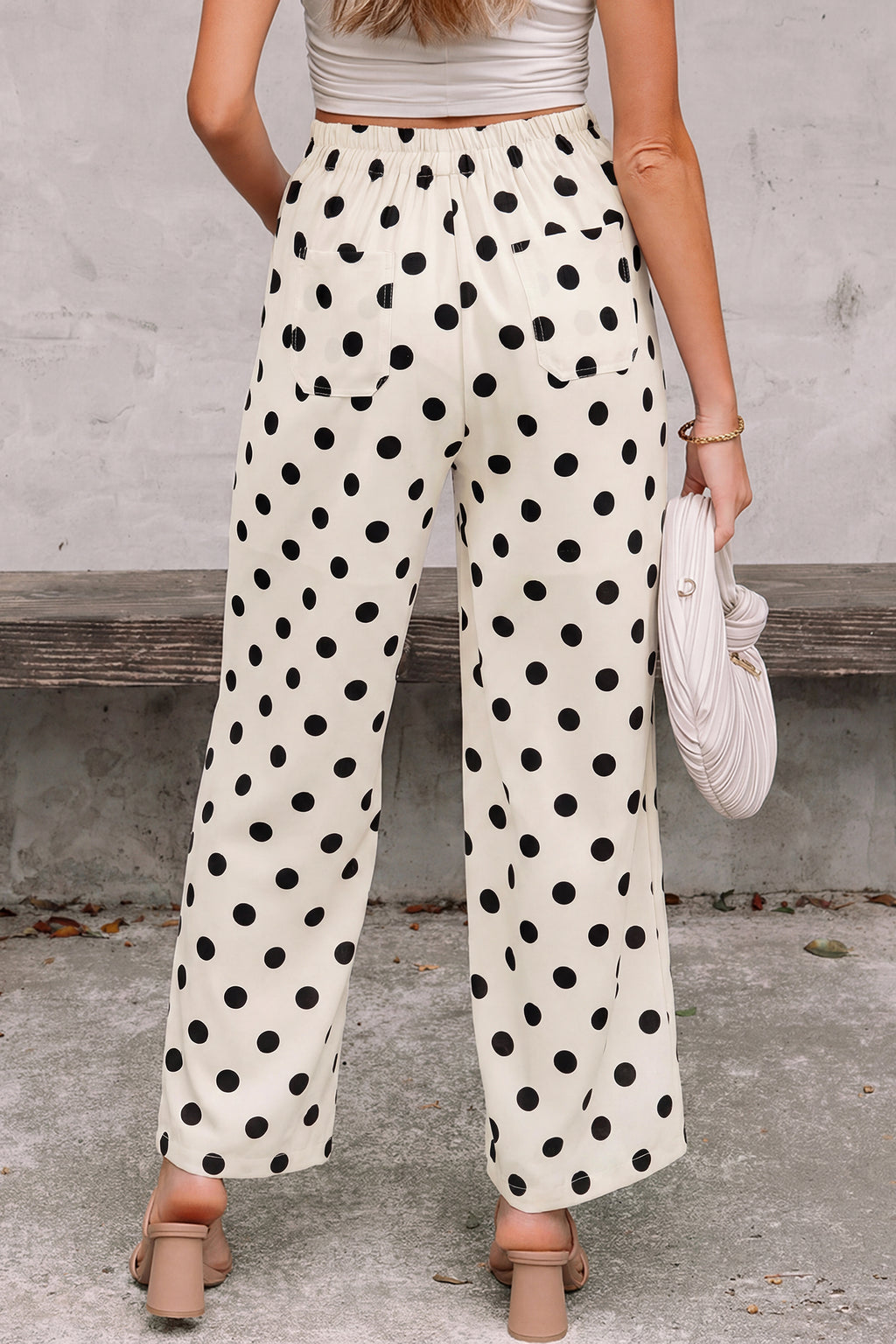 Pantalon Large à Pois Taille Mi-Haute Poches Plaquées – 4 Coloris