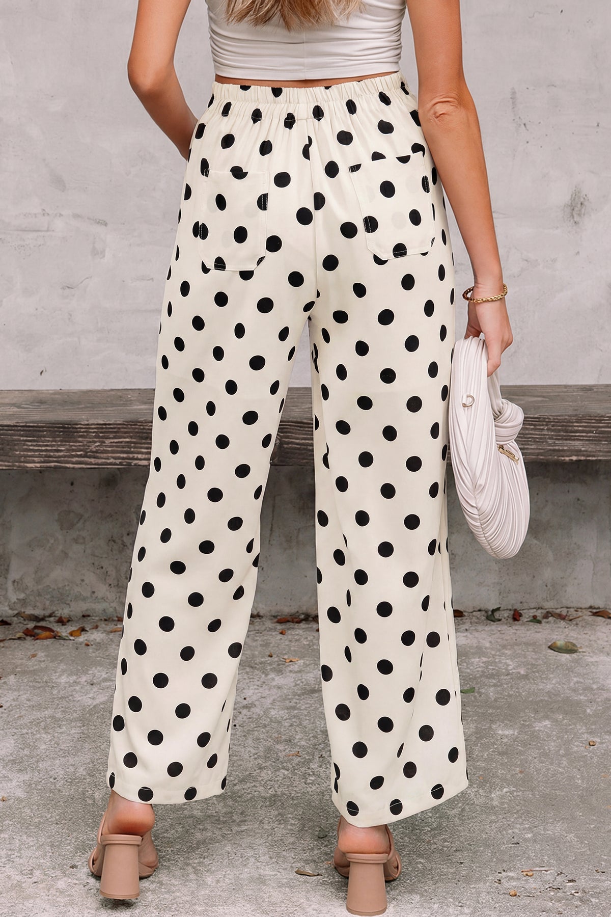 Pantalon Large à Pois Taille Mi-Haute Poches Plaquées – 4 Coloris