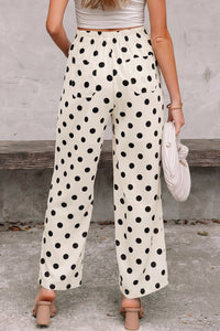 Pantalon Large à Pois Taille Mi-Haute Poches Plaquées – 4 Coloris