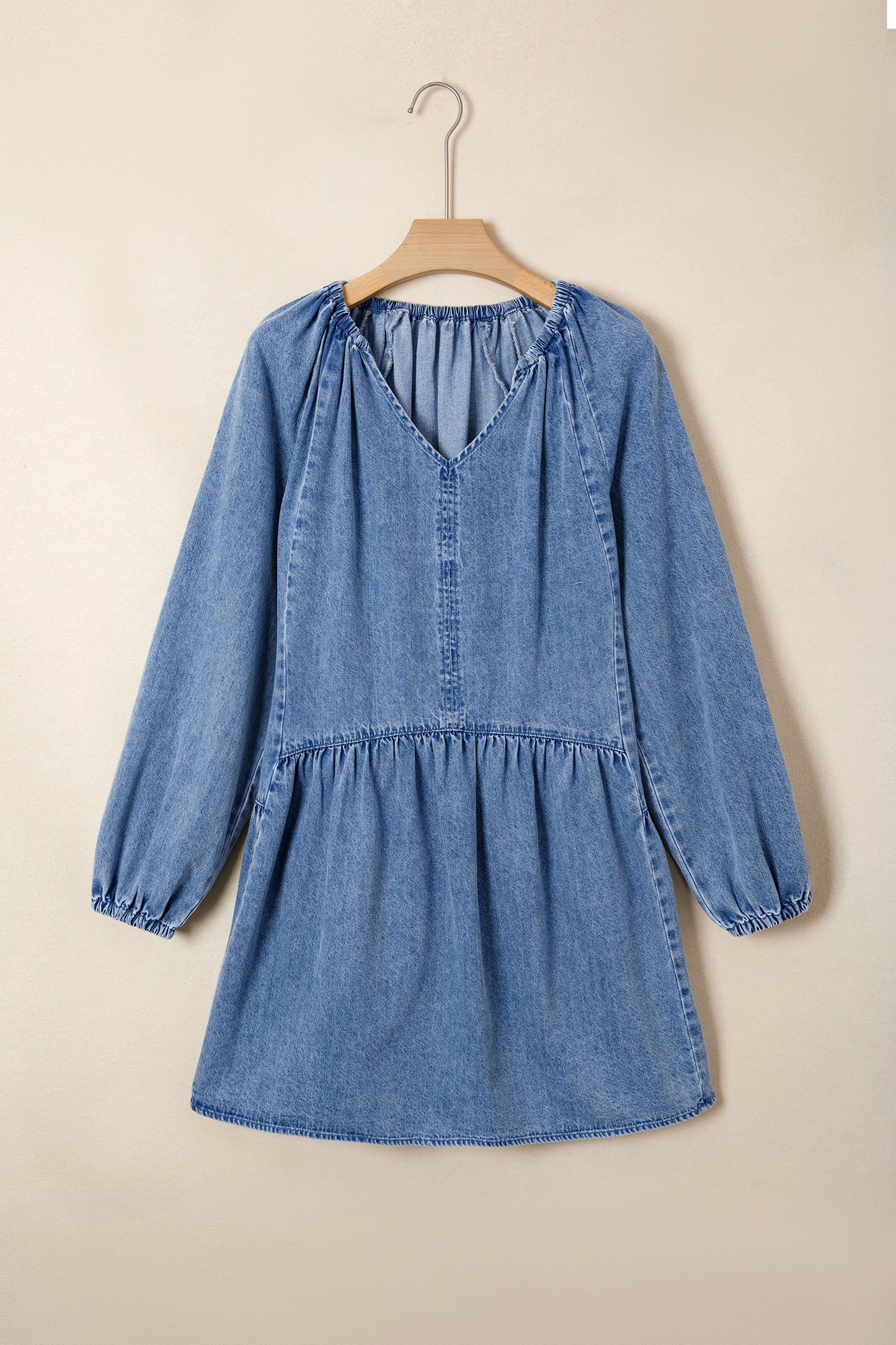 Robe en Jean Femme Manches Bouffantes Col V Volants – Bleu Denim