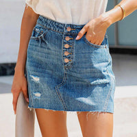 Jupe en jean courte femme bleu foncé, taille mi-haute, boutons devant, déchirures