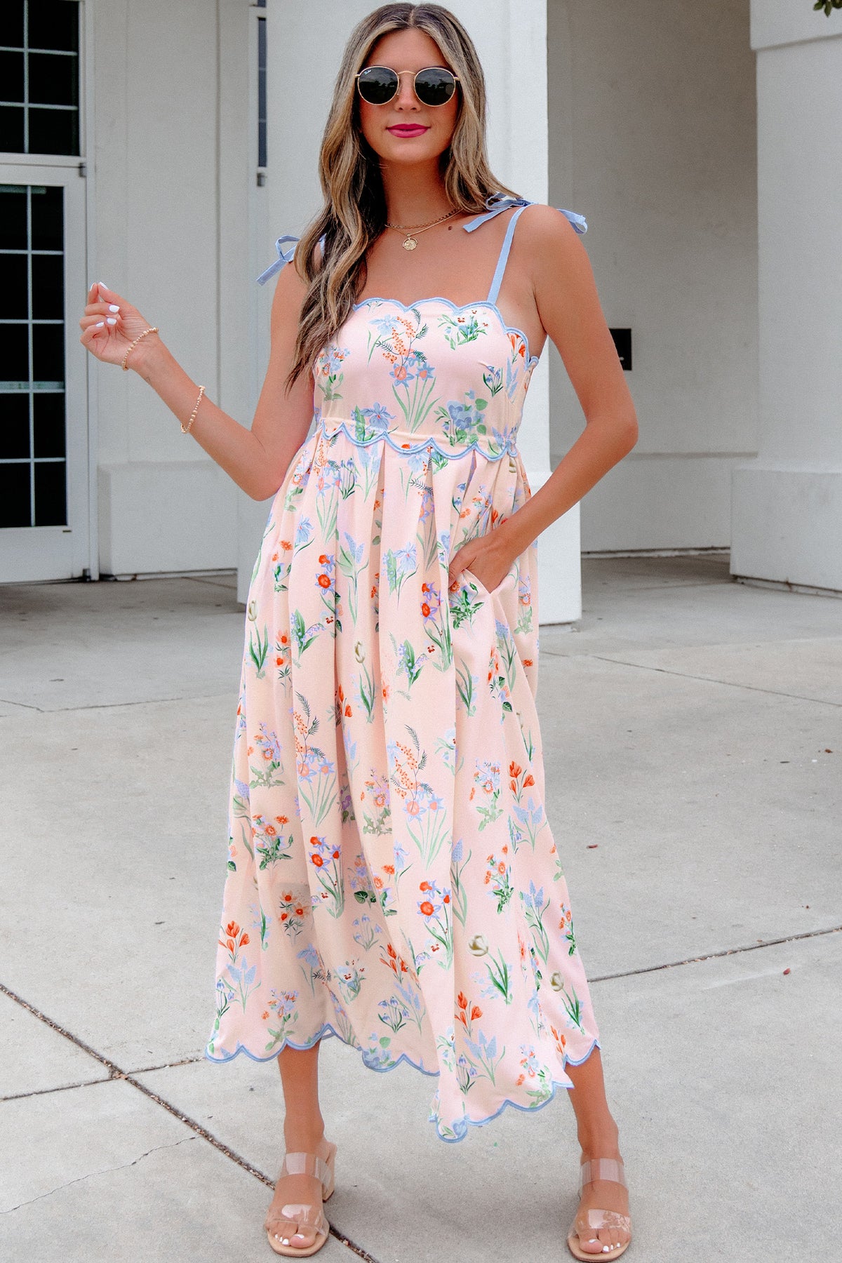 Robe midi florale à bretelles, taille haute, fond clair avec fleurs, jupe évasée