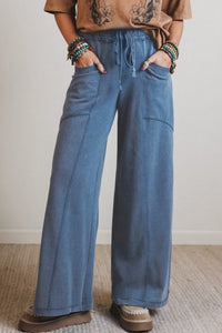 Pantalon western taille haute ample à cordon, jean bleu délavé, poches latérales