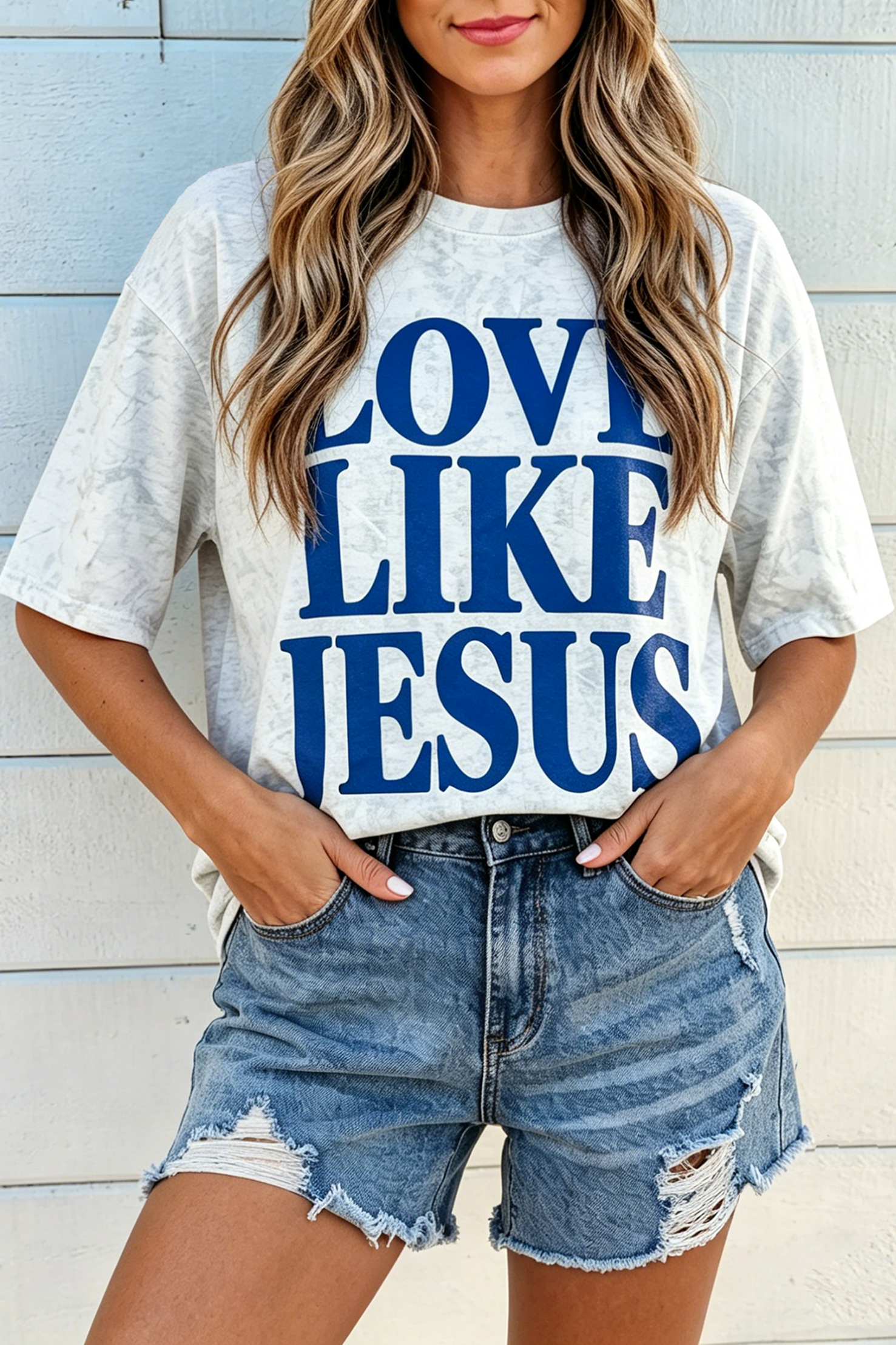 T-shirt gris clair imprimé bleu « LOVE LIKE JESUS », coupe ample