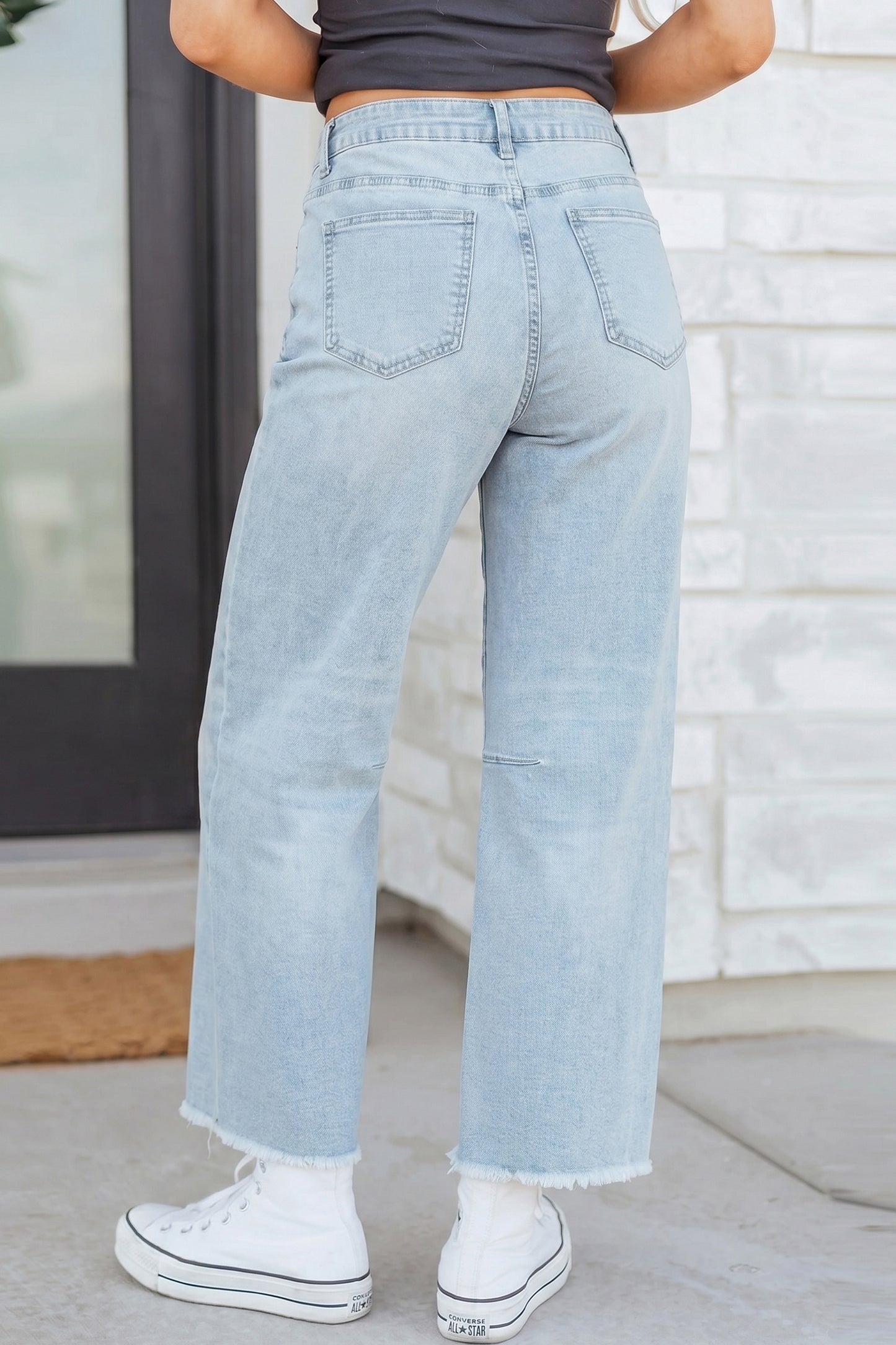Jean Droit Femme Ourlet Effiloché Taille Haute – Beau Blue