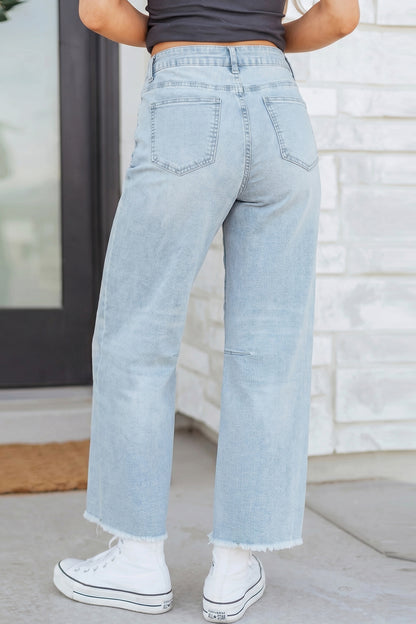 Jean Droit Femme Ourlet Effiloché Taille Haute – Beau Blue
