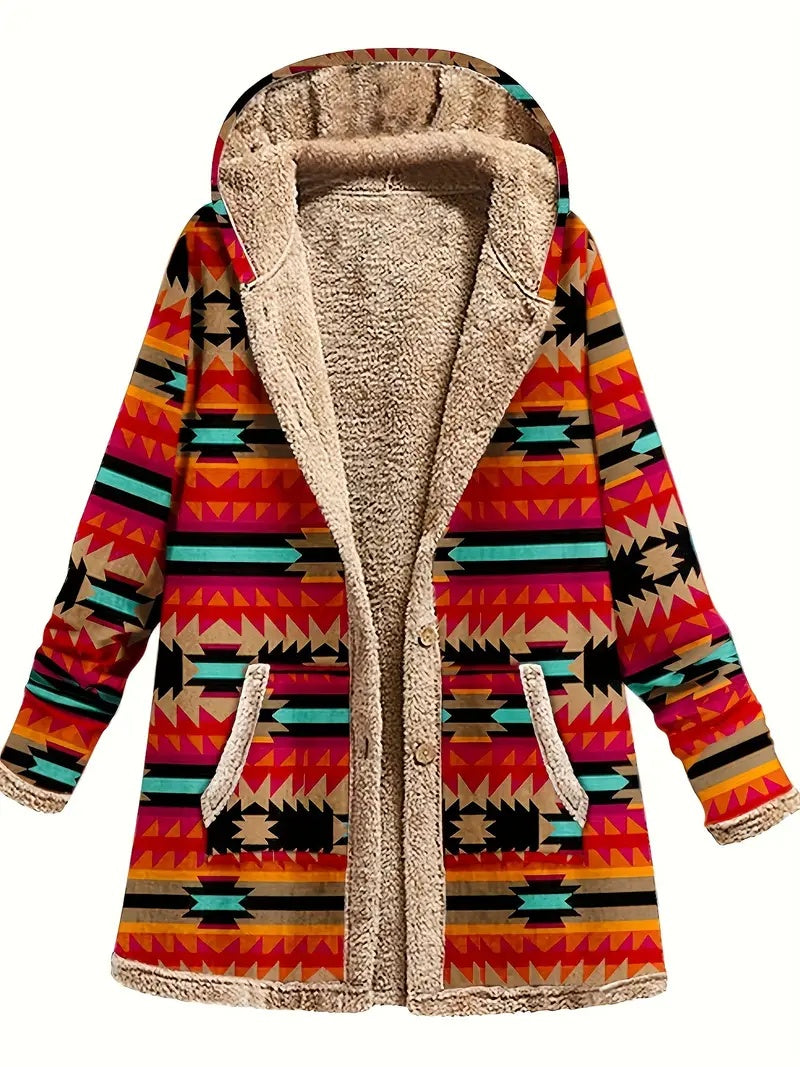 Manteau à capuche en tissu imprimé ethnique, doublure polaire beige