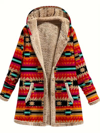 Manteau à capuche en tissu imprimé ethnique, doublure polaire beige