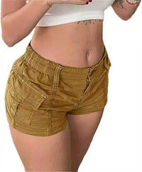 Short femme jaune ocre en tissu, taille élastique, poches plaquées et fermeture zip.