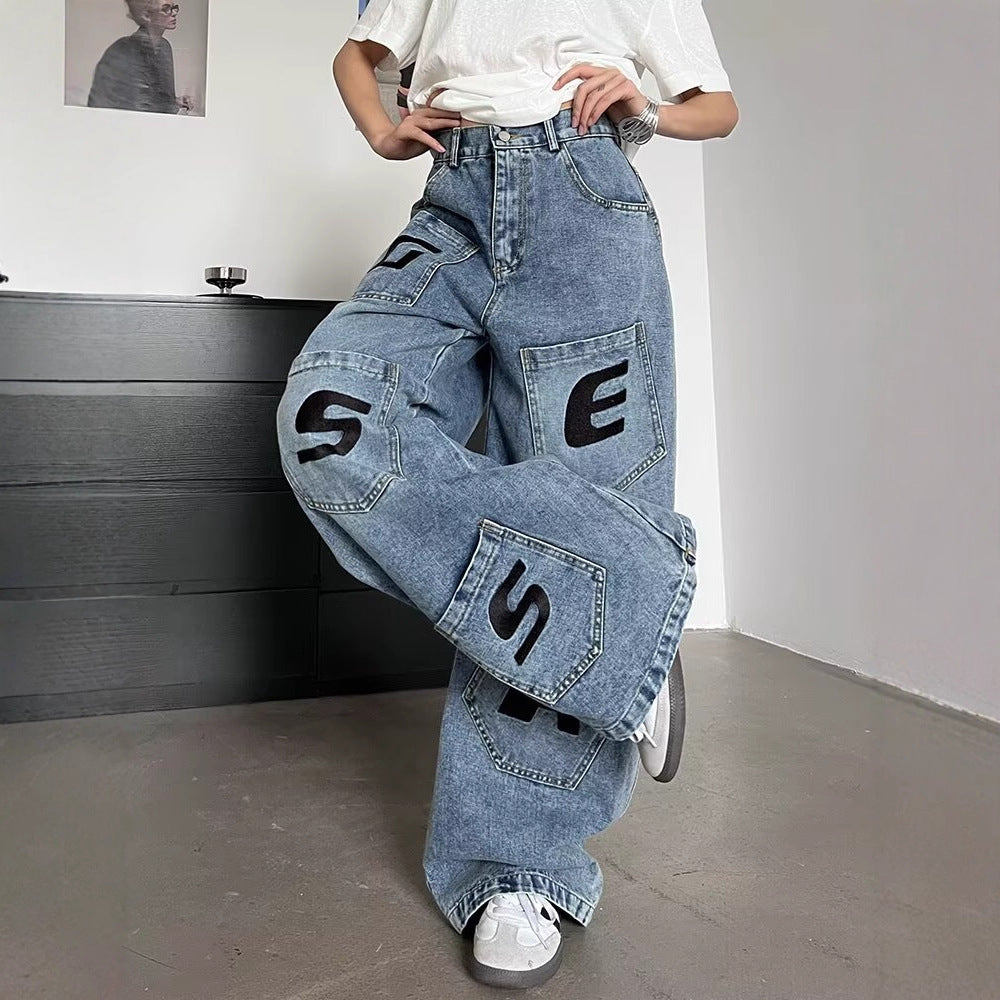 Jean Femme Imprimé Lettres Taille Haute – Coupe Loose Casual