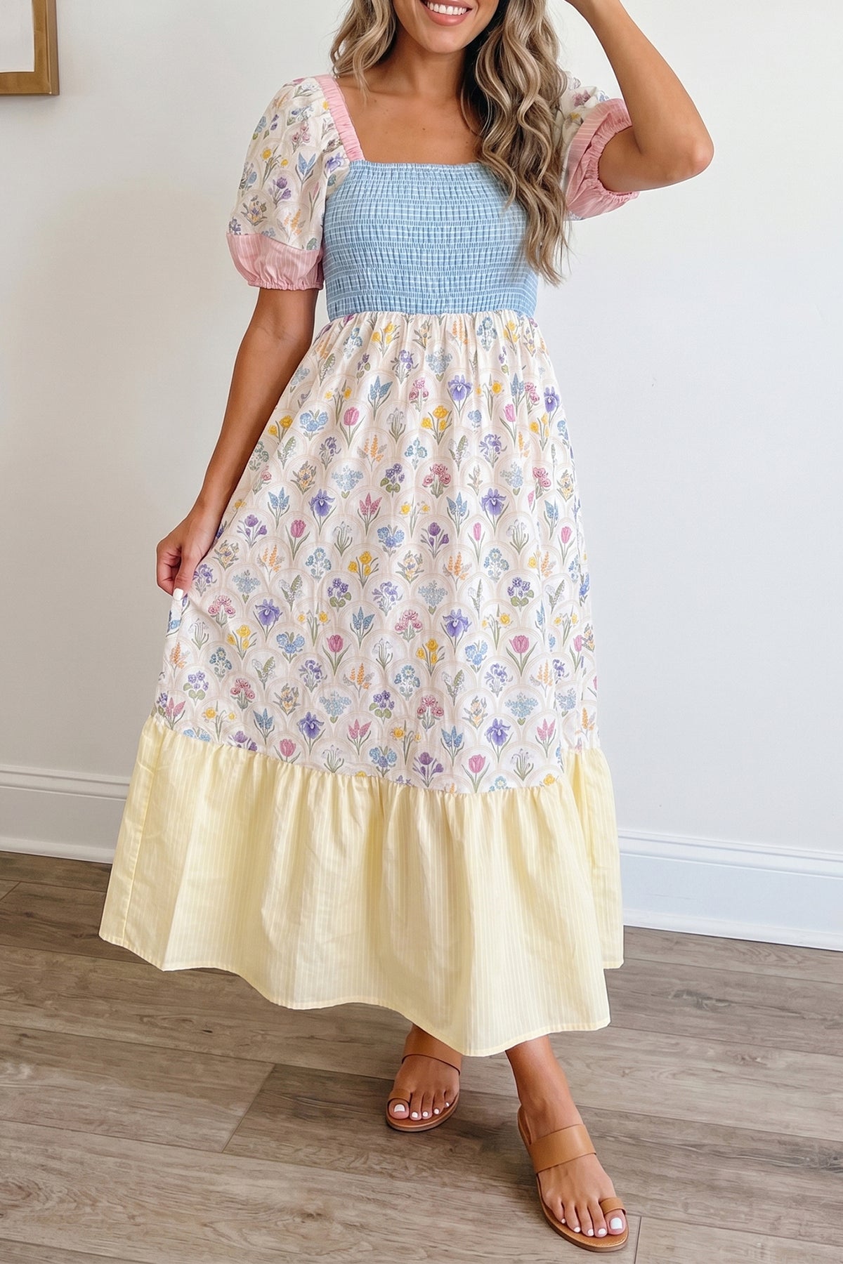 Robe longue fleurie: buste bleu smocké, jupe crème à volants, manches bouffantes roses.