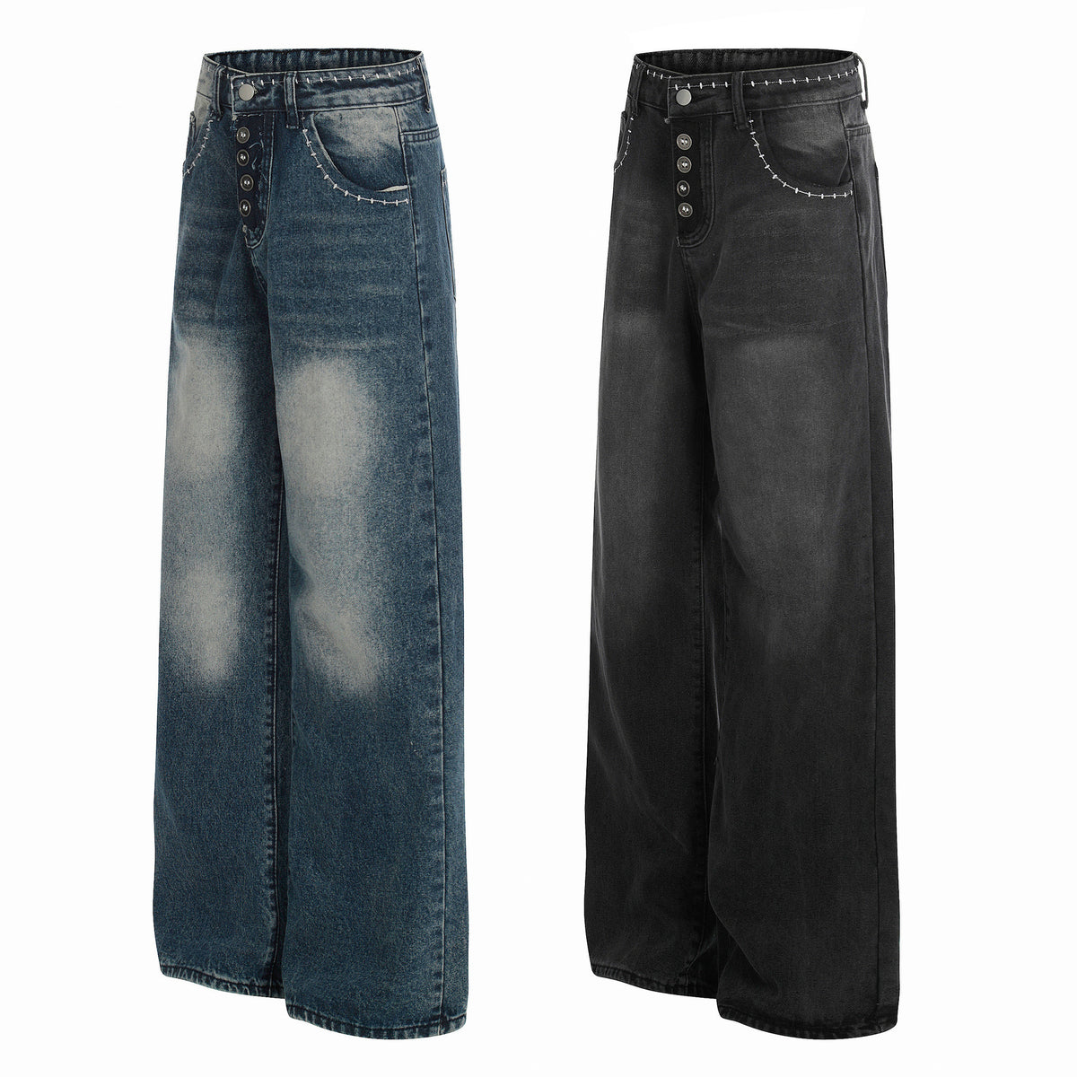 Jean femme taille mi-haute bleu et noir, patte boutonnée et poches décorées.