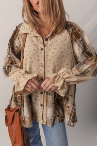 Shacket Boho Patchwork Carreaux et Fleurs à Manches Volantées