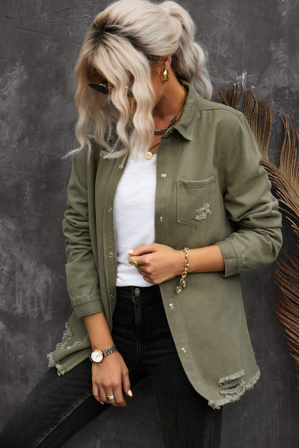 Veste Chemise en Jean Kaki Délavé à Ourlet Effiloché