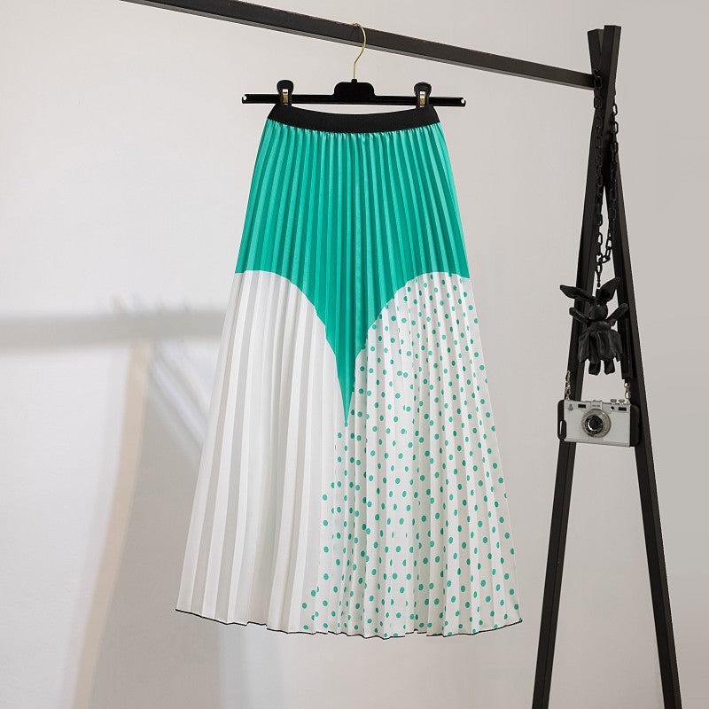 Jupe plissée à taille élastique, imprimé vert, partie blanche à pois verts