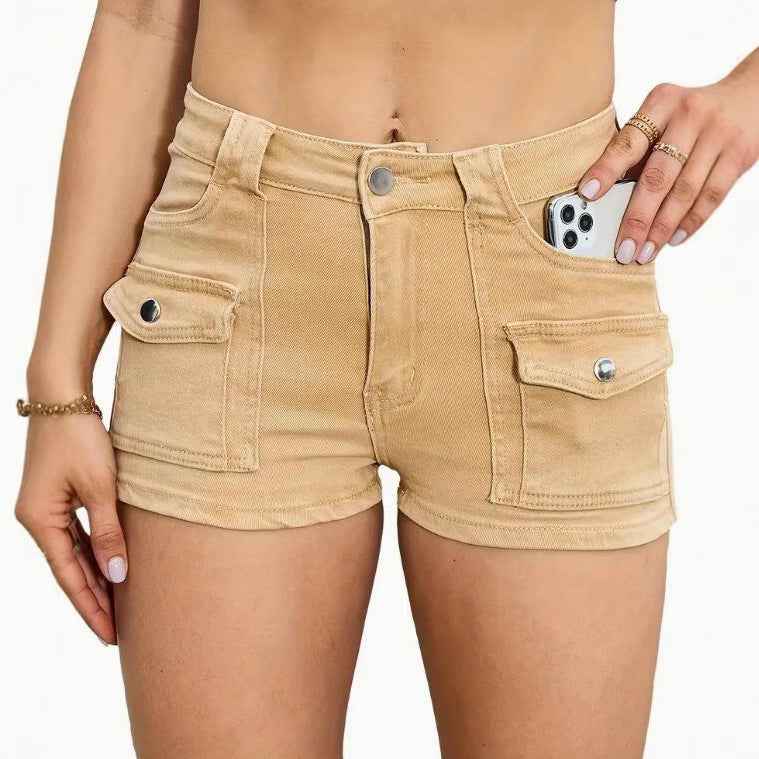 Shorts en denim kaki pour femme, poches avant et boutons-pressions