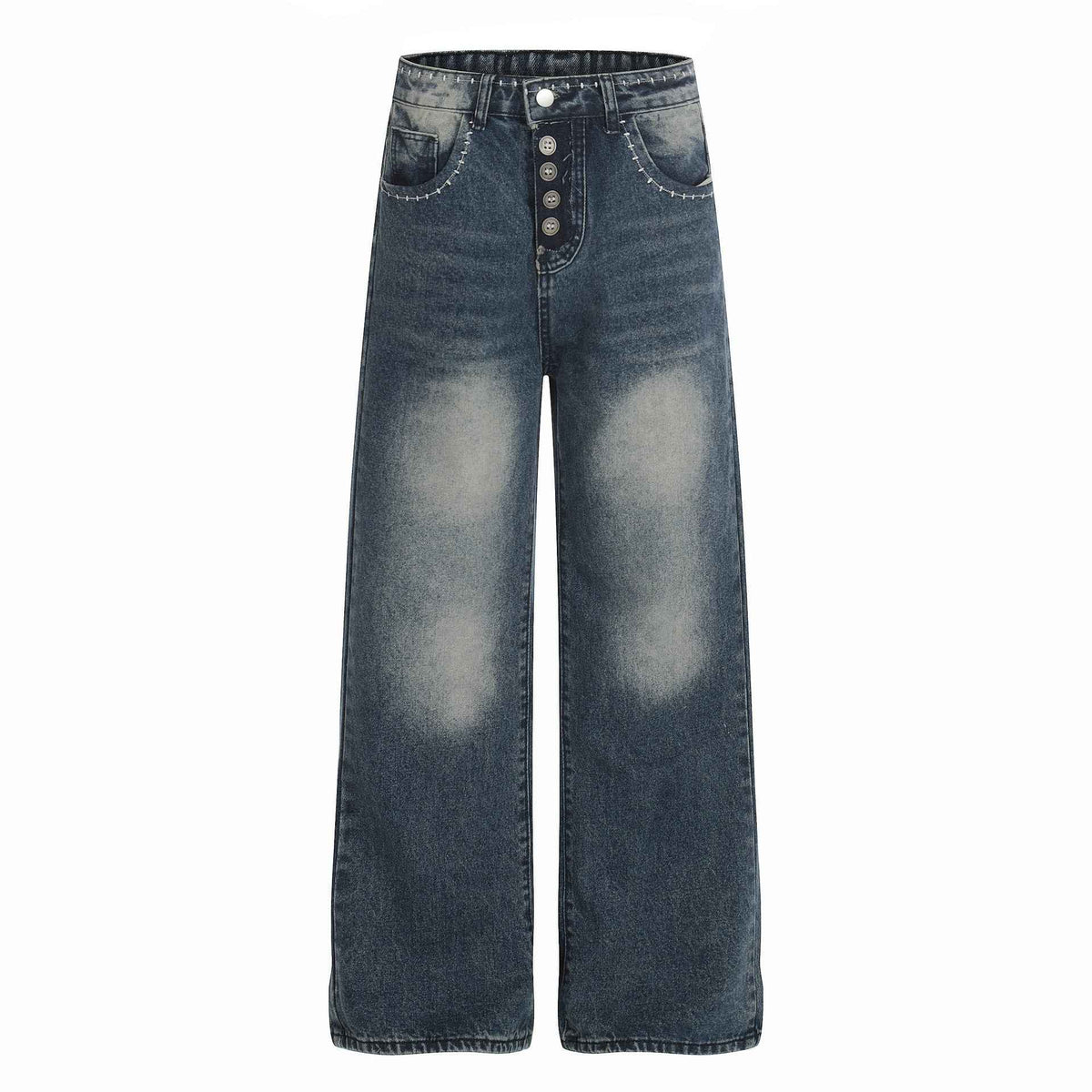 Jean femme bleu taille mi-haute, patte boutonnée et poches avant à coutures.