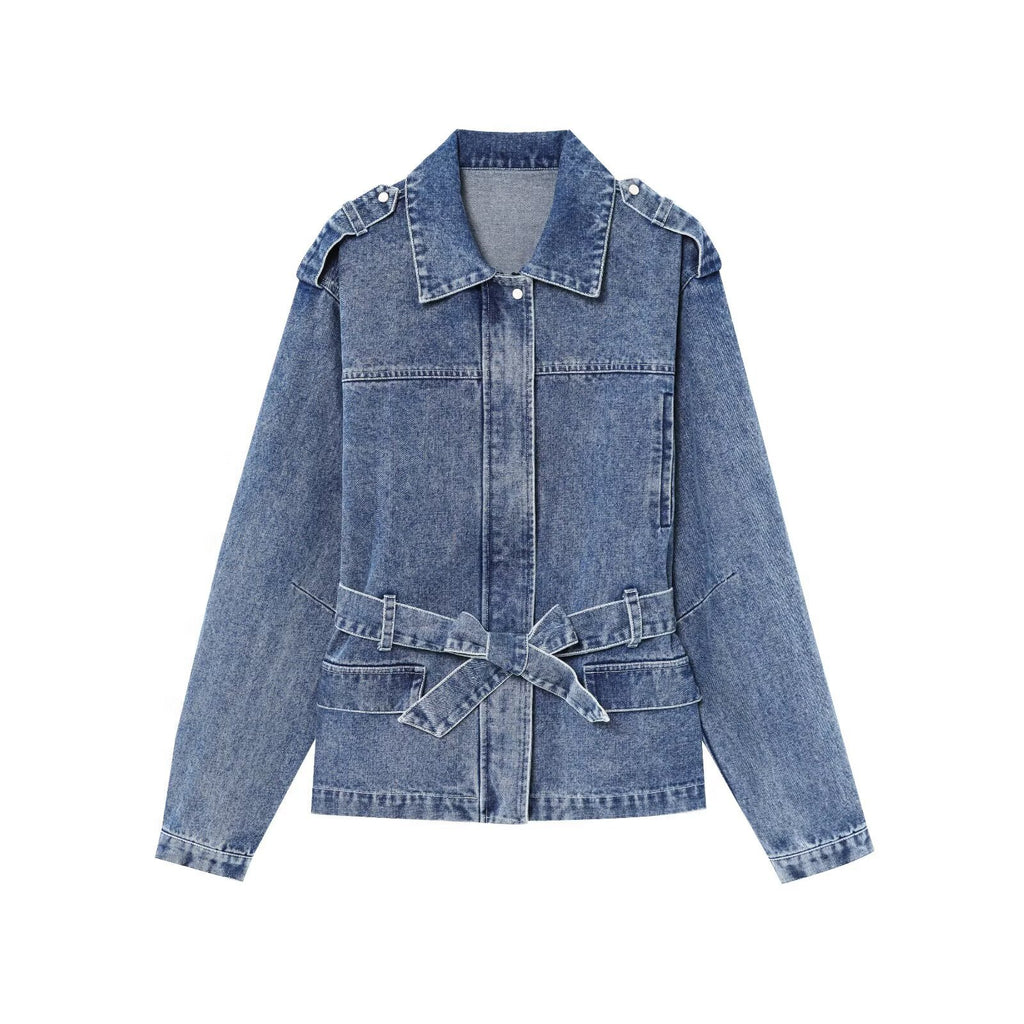 Veste en jean bleue pour femme, col chemise, fermeture boutonnée, ceinture nouée