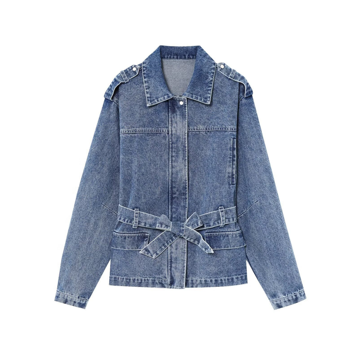 Veste en jean bleue pour femme, col chemise, fermeture boutonnée, ceinture nouée