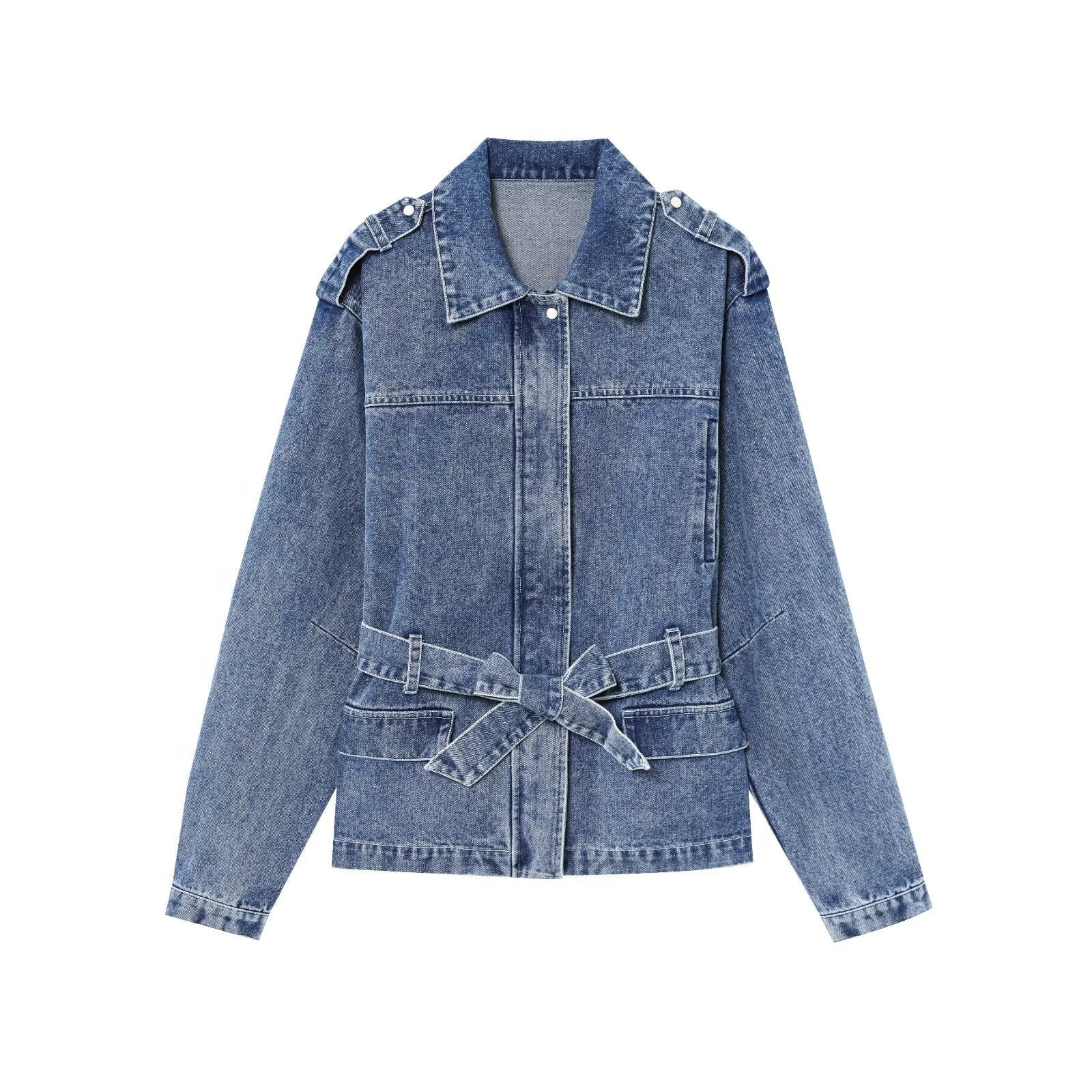 Veste en jean bleue pour femme, col chemise, fermeture boutonnée, ceinture nouée
